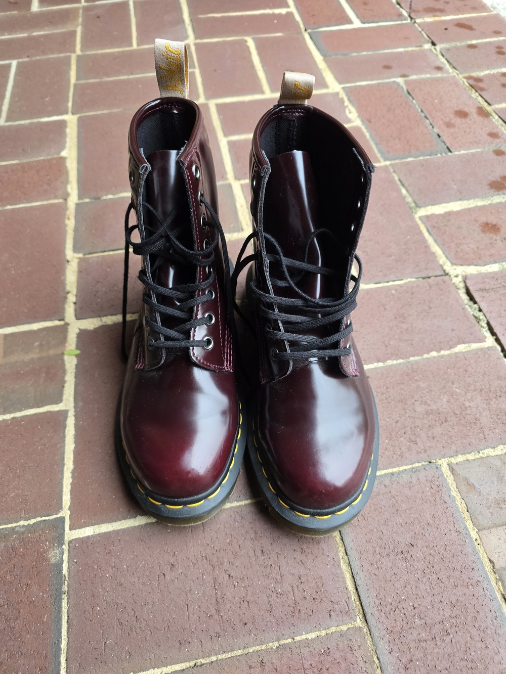 Dr. Martens Womens Cherry Red Lace-Up Boots with Yellow Stitching